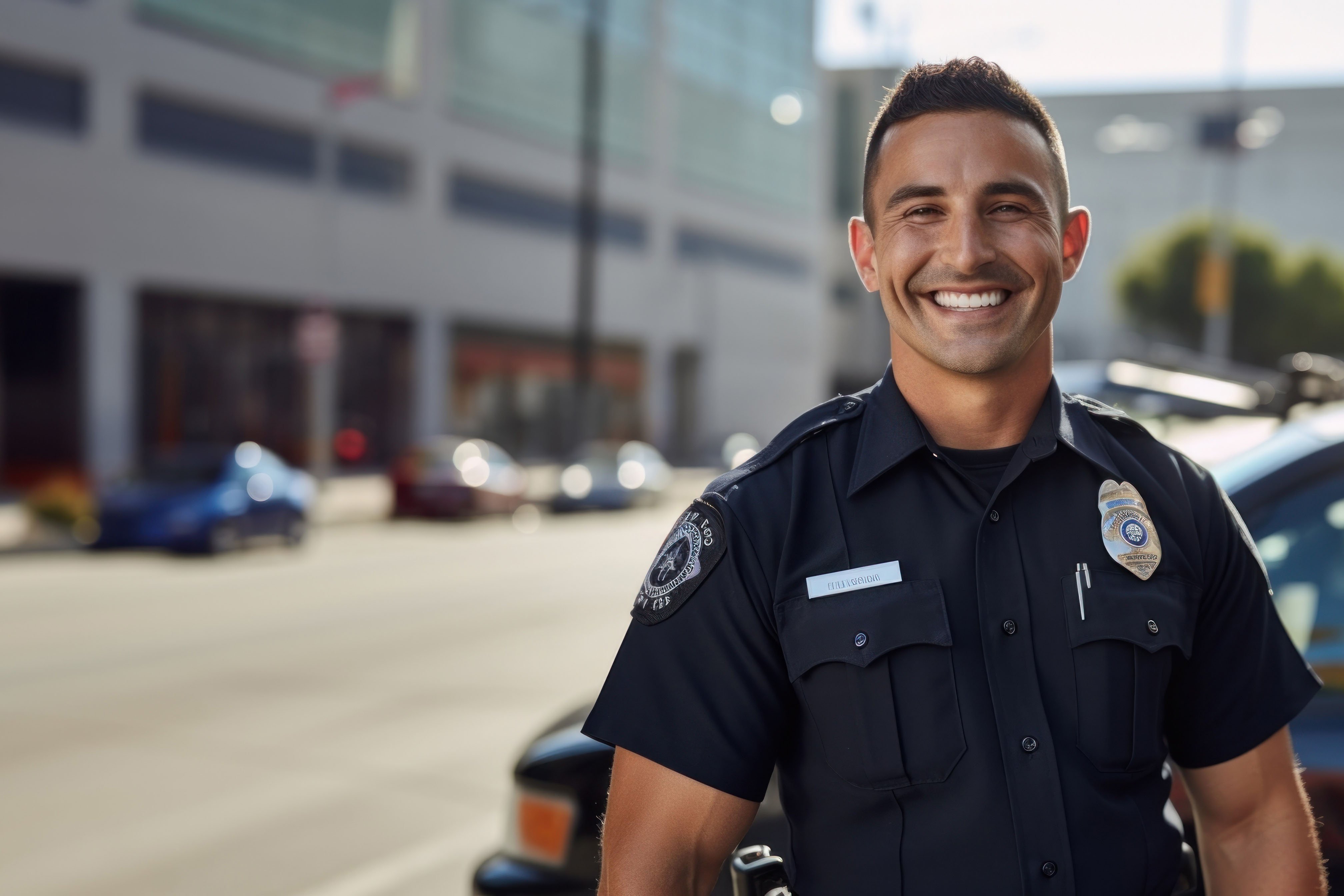 photo-police-man-smiling-beside-blurry-police-car-background